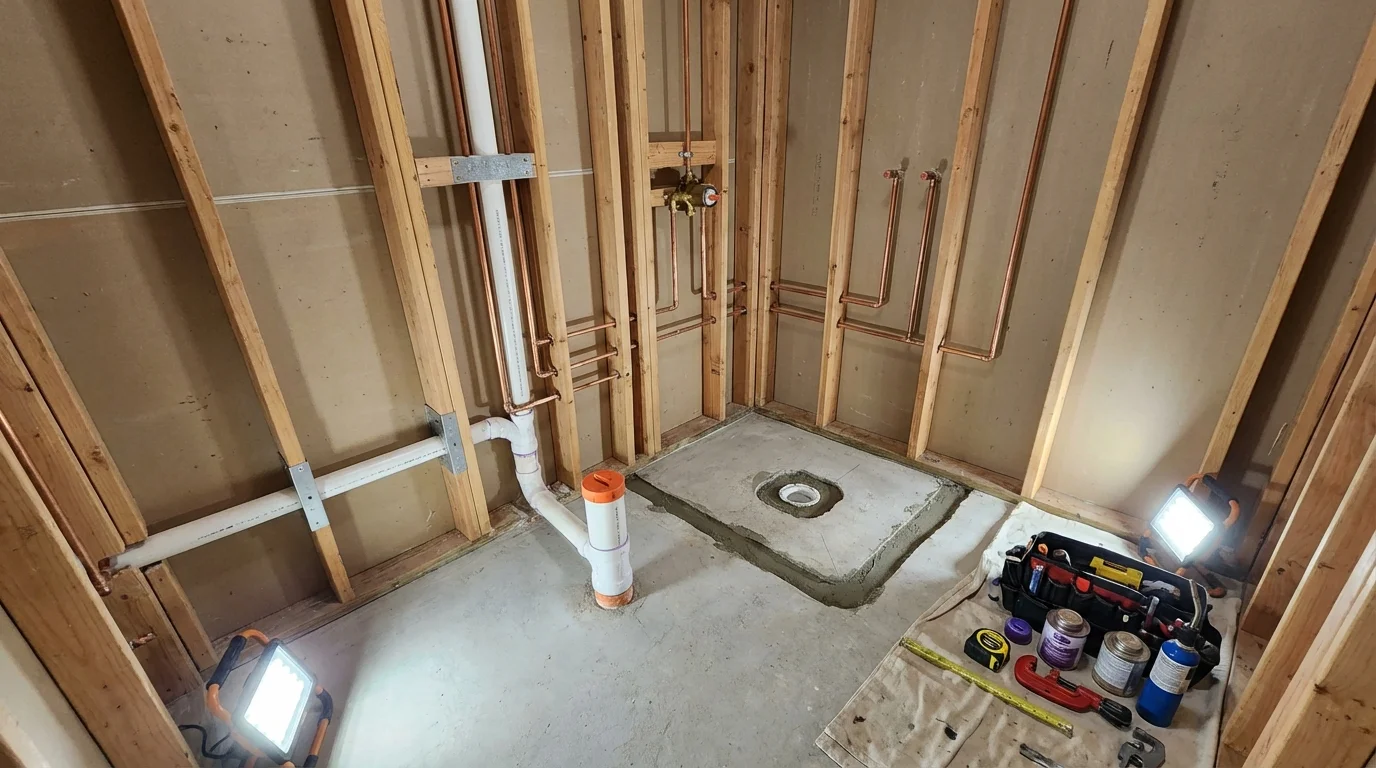 Bathroom rough-in plumbing during remodel by Johns Plumbing LLC in Wilmot