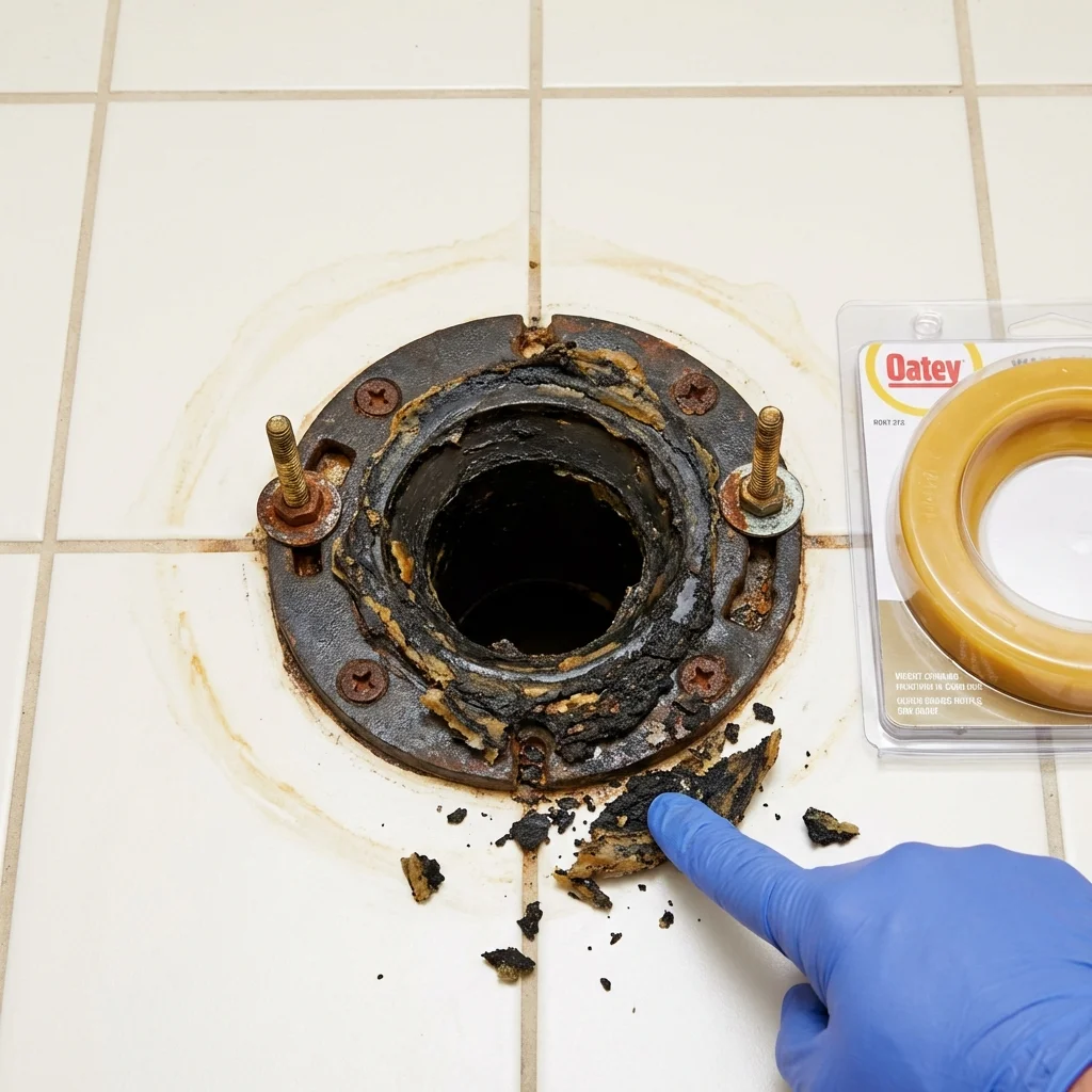 Failed wax ring showing water seepage at the base of a toilet in a Wilmot, NH home