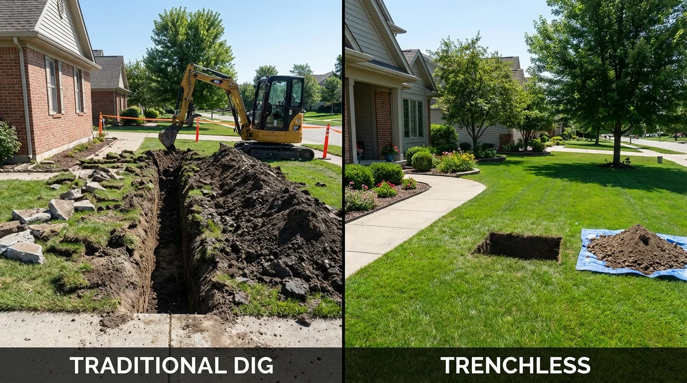 Trenchless sewer repair with minimal yard damage versus traditional excavation in Wilmot, NH